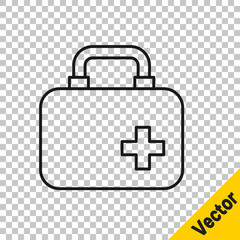 Black line First aid kit icon isolated on transparent background. Medical box with cross. Medical equipment for emergency. Healthcare concept. Vector