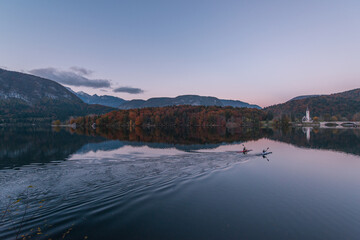 Beautiful autumn mist in the morning at Lake Bled.