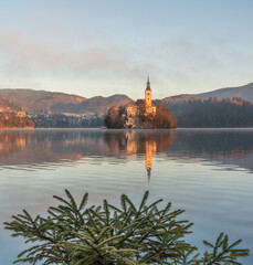 Sunrise at lake Bled. Beautiful soft morning colors at the lake.