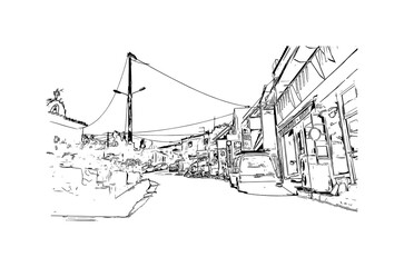 Building view with landmark of Mytilene is the capital in Lesbos. Hand drawn sketch illustration in vector.
