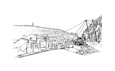 Building view with landmark of Mytilene is the capital in Lesbos. Hand drawn sketch illustration in vector.