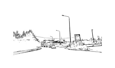 Fototapeta premium Building view with landmark of Mytilene is the capital in Lesbos. Hand drawn sketch illustration in vector.