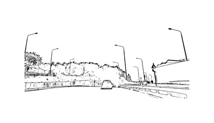 Obraz premium Building view with landmark of Mytilene is the capital in Lesbos. Hand drawn sketch illustration in vector.