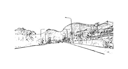 Fototapeta premium Building view with landmark of Mytilene is the capital in Lesbos. Hand drawn sketch illustration in vector.