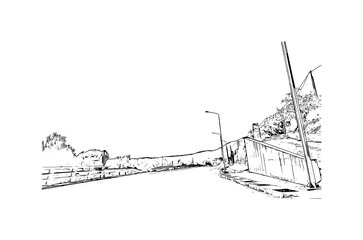 Building view with landmark of Mytilene is the capital in Lesbos. Hand drawn sketch illustration in vector.