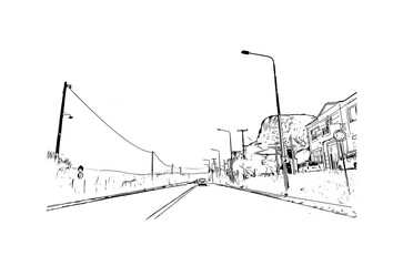 Building view with landmark of Mytilene is the capital in Lesbos. Hand drawn sketch illustration in vector.