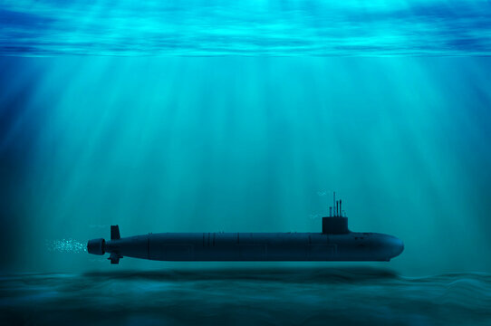 3D illustration of a Nuclear submarine in the deep sea, Is moving towards its destination in the blue ocean, Submarines in the country's sovereignty and maritime security, and Naval warships war.