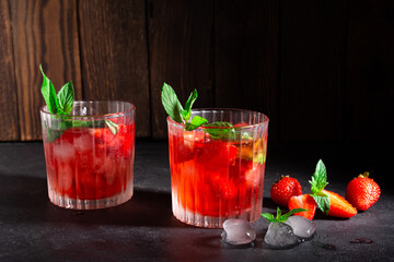 Cold summer strawberry cocktail mojito, margarita, daiquiri.