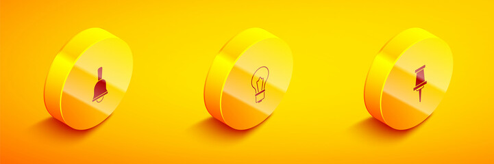 Set Isometric Ringing bell, Light bulb with idea and Push pin icon. Vector