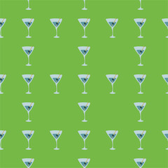 Martini glass with olive and skewer seamless pattern. Doodle style. Color hand drawn image. Repeat template. Party drinks concept. Freehand drawing. Cartoon sketch graphic draft