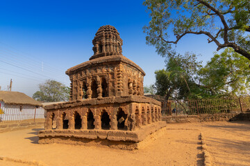 Stone chariot, conceptual model of Bishnupur temple architecture in a miniature form. Small double storied structure stands on a low laterite plinth - Bishnupur, terrcotta temples - West Bengal, India