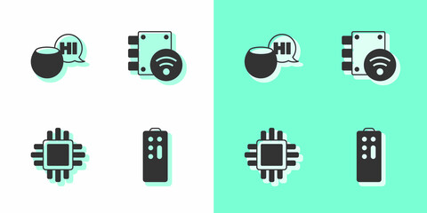 Set Remote control, Voice assistant, Processor with CPU and Digital door lock icon. Vector