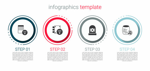 Set Air humidifier, Digital door lock, Ringing alarm bell and Voice assistant. Business infographic template. Vector