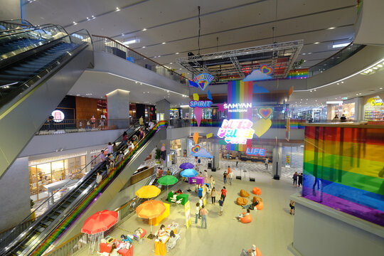 BANGKOK, THAILAND - 11th JUNE 2022: SAMYAN MITRTOWN Shopping Mall in capital city of Thailand, decorated in colorful rainbow theme for Pride Month LGBTQ festival
