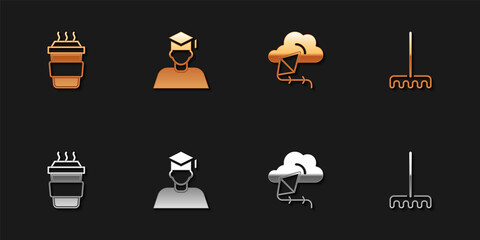 Set Coffee cup to go, Graduate and graduation cap, Kite and Garden rake icon. Vector