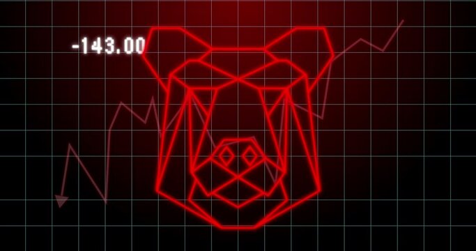 Animation of bear geometrical shape and financial graph over dark red background