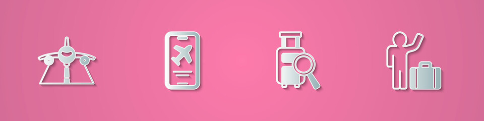 Set paper cut Plane, Mobile with ticket, Lost baggage and Tourist suitcase icon. Paper art style. Vector