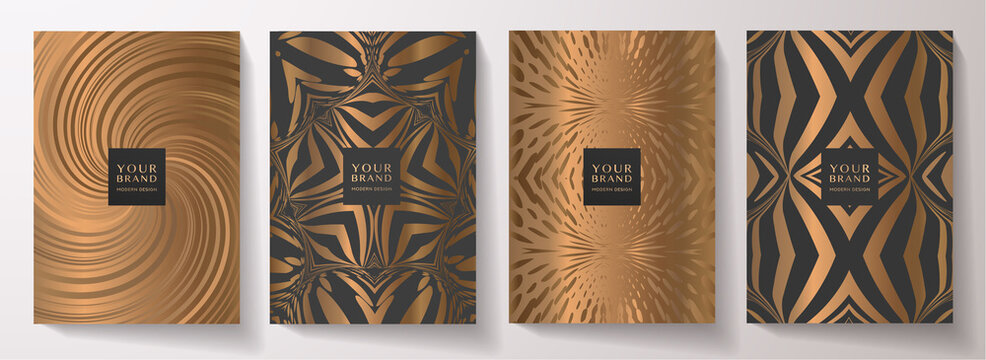 Luxury premium cover design set. Abstract background with gold and black line pattern. Royal vector template for menu, brochure, flyer layout, lux invite card