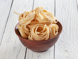 Uncooked tagliatelle pasta in ceramic bowl on white wooden background