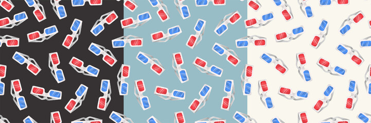 Set of hand drawn seamless patterns with cinema elements. Colorful texture with 3d glasses, clapperboard and popcorn buckets. Can be used for thematic wallpapers, package and surface design