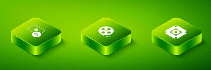 Set Isometric Film reel, Movie spotlight and Screen tv with 4k icon. Vector