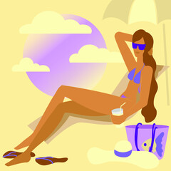 Vector summer illustration of a sunbathing girl on the beach