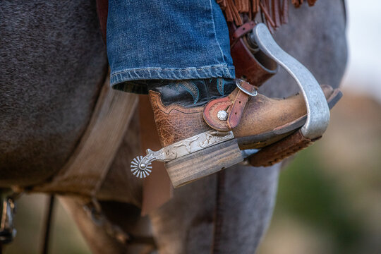 Cowboy boot in a stirrup. 