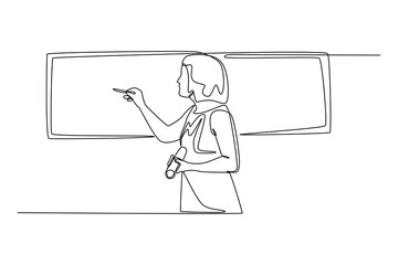Continuous one line drawing Woman coach showing project management studies on the whiteboard. Communication and Project management concept. Single line draw design vector graphic illustration.