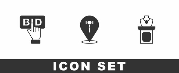 Set Bid, Auction hammer and jewelry sale icon. Vector