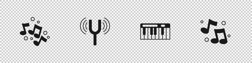 Set Music note, tone, Musical tuning fork, synthesizer and icon. Vector