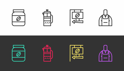 Set line Coffee jar bottle, French press, Street signboard coffee and Barista on black and white. Vector