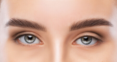 Beautiful blue eyes of a woman close-up. Makeup and healthy clear skin. professional makeup concept