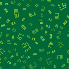 Set line Shelf with books, Table lamp and Office desk on seamless pattern. Vector