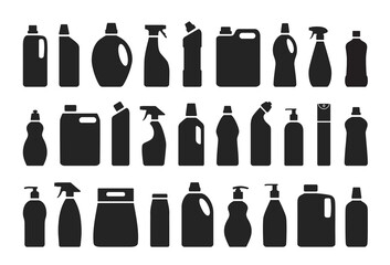 Collection of cleaning and washing products. Isolated on white background. Black and white. Vector illustration. 