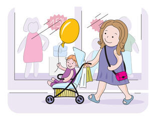 А mother in a mall pushing a stroller with a baby holding a balloon in his hand	