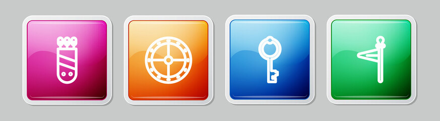 Set line Quiver with arrows, Round wooden shield, Old key and Medieval flag. Colorful square button. Vector