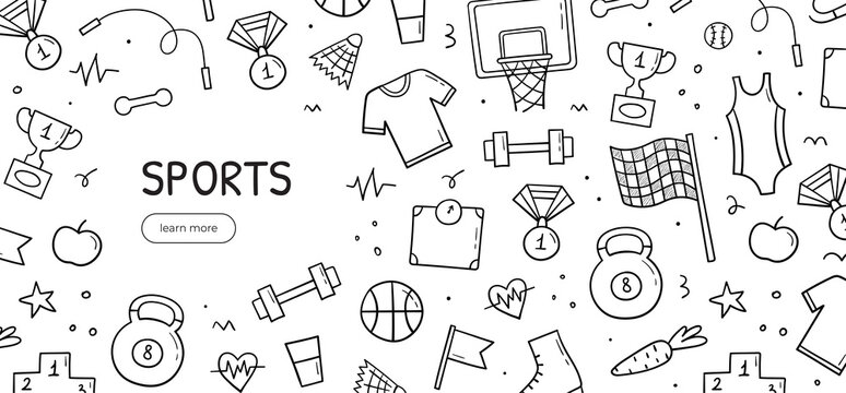 Hand drawn doodle set of sports theme items. Horizontal banner template. Sketch style illustration.