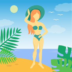 Beach vibe concept. Beautiful woman on the beach on vacation is having a great time. Illustration in a flat style.