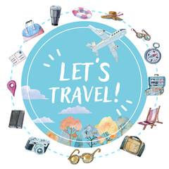 Watercolor painting round circle design travel elements. Plane in the sky. "Let's travel!" text in the middle.