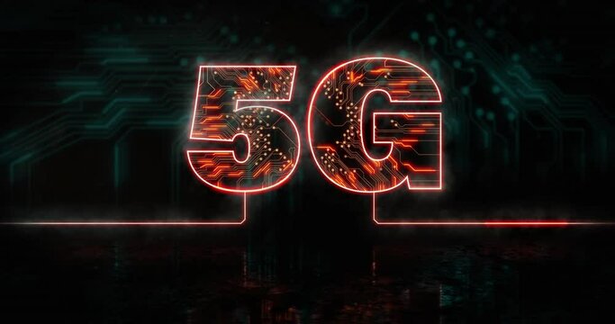 Animation of glowing orange 5g text over blue processor socket