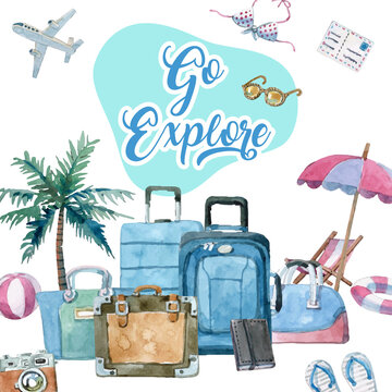 Watercolor painting travel elements around the frame composition.Luggage on the bottom. "Go Explore" text in the middle.