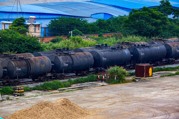 Freight train carriage in freight train station