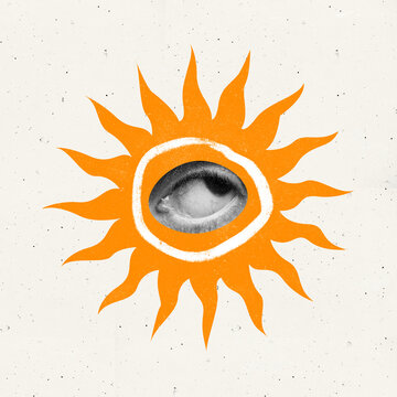 Contemporary art collage. Conceptual image with male eye inside drawn sun image isolated over white background