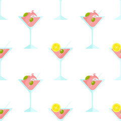 Martini with lemon and olive. Seamless background. Pattern.