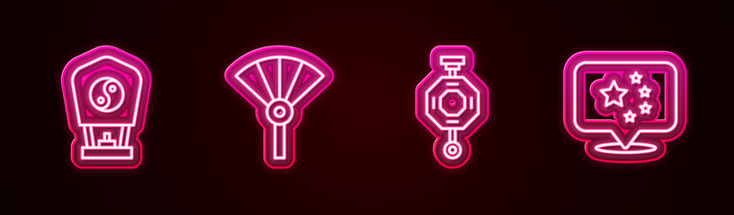 Set line Chinese paper lantern, or japanese folding fan, and China flag. Glowing neon icon. Vector