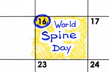 Reminder World Spine Day in calendar. October 16