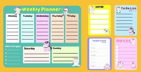 Cute weekly planner background for kids with cute unicorns. Vector template for agenda, planners, notes, timetable