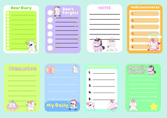 Cute weekly planner background for kids with cute unicorns. Vector template for agenda, planners, notes, timetable