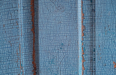 An old wooden door covered with old cracked blue paint. Uneven, rough surface. Rough texture. Abstract background.