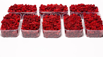 Ripe red fragrant raspberries collected in a farm in a transparent container for sale.